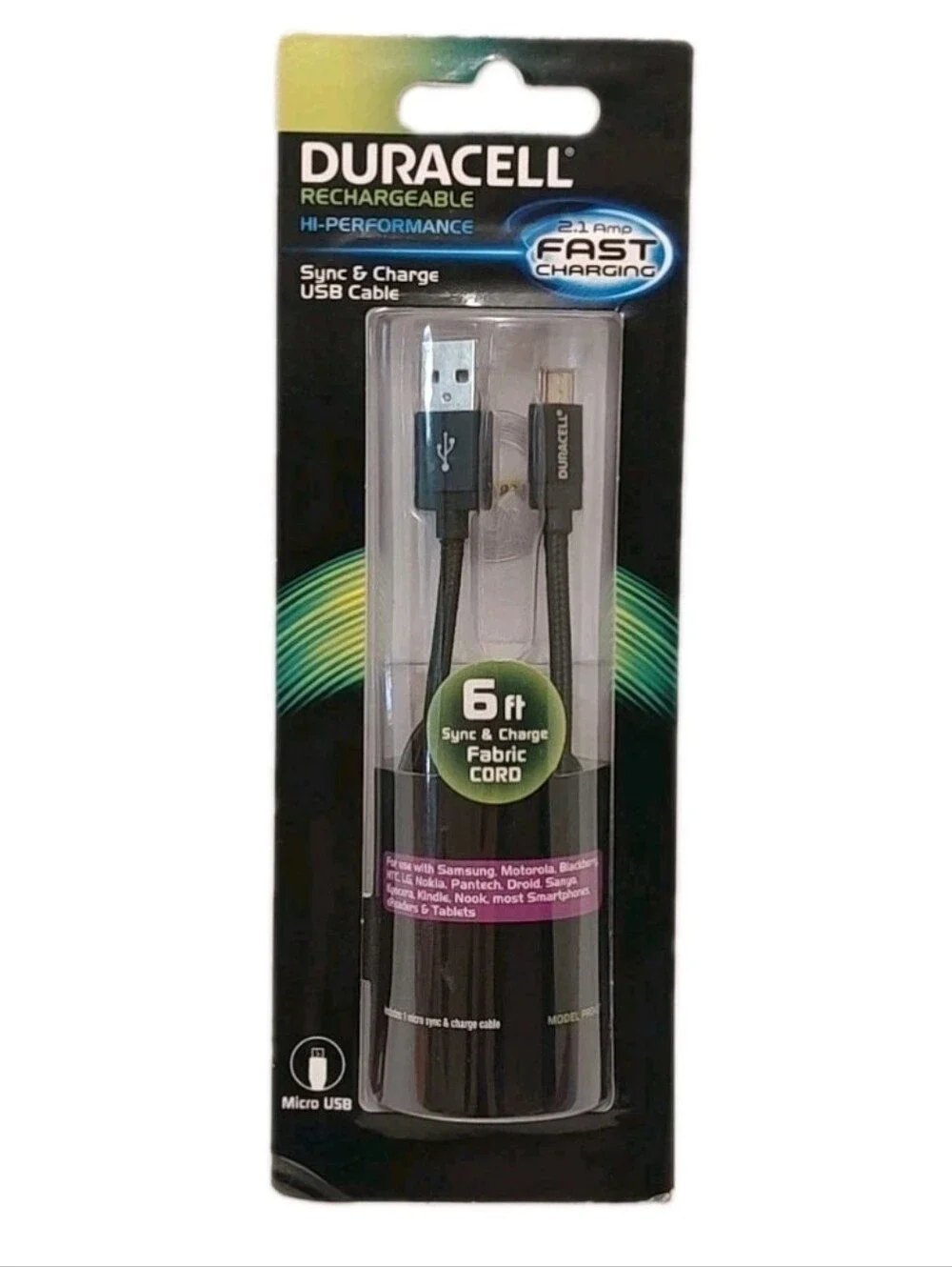 Duracell 6ft Micro USB Cable Phone Device Charger Sync Braided Cord Black New